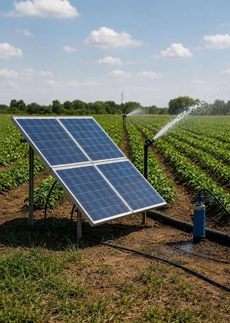Bomba solar en funcionamiento sobre un cultivo